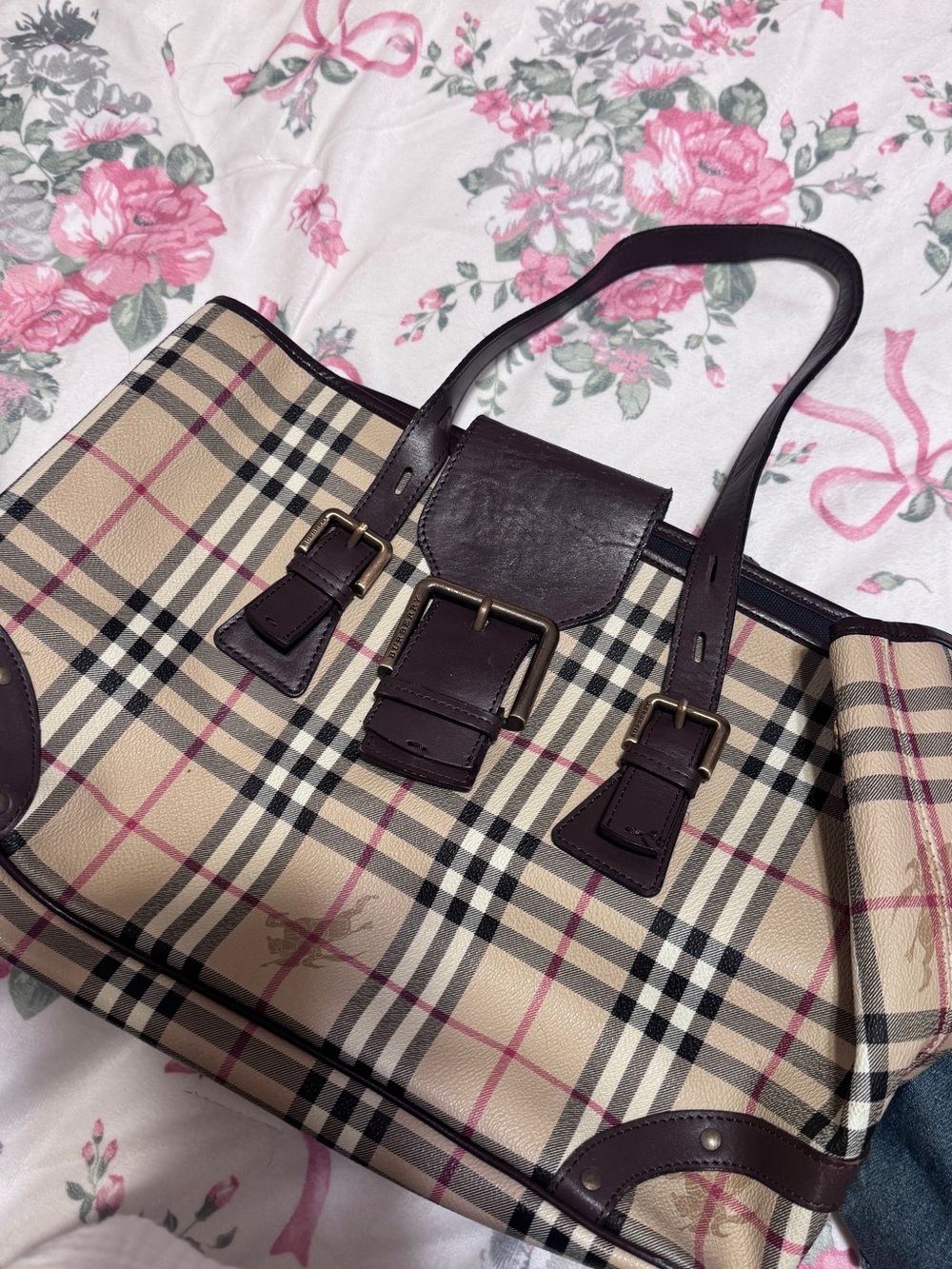 Classic Plaid Tote Bag with Dark Brown Leather Trim